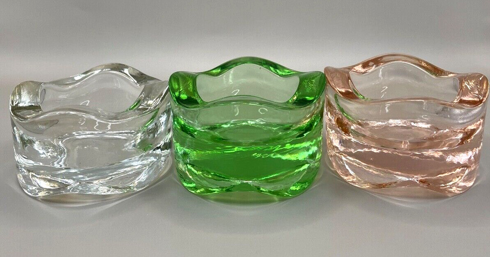 Glass Tealight Holders X3 Pink, Clear, Green Stacking Wavy Rim Thick Glass USED
